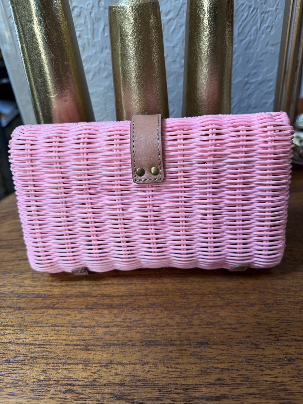 J. Crew Pink Woven Straw
Clutch with Tan Leather Trim - Picture 2 of 10